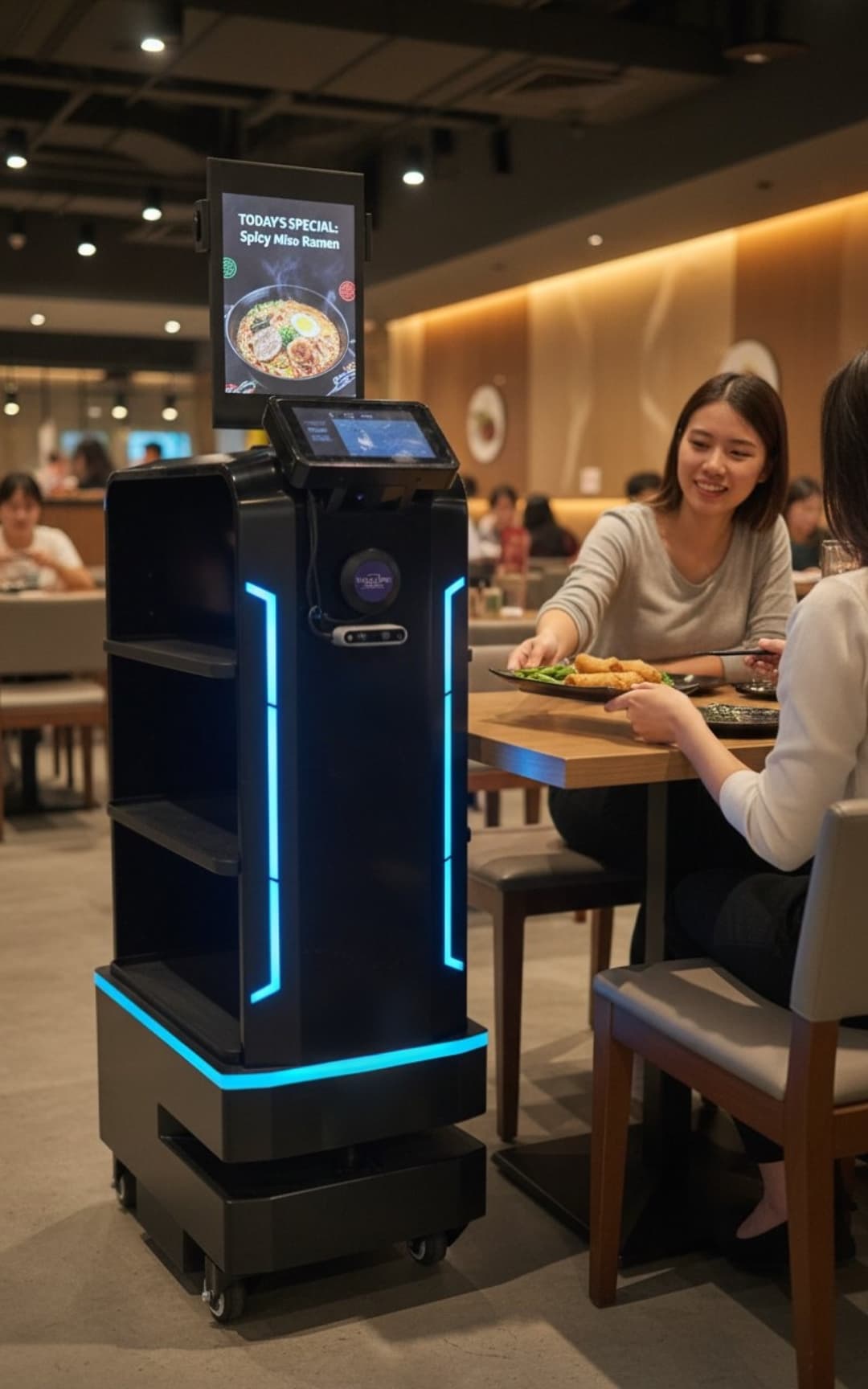 FL1 robot arriving at table showing dessert promotion on screen