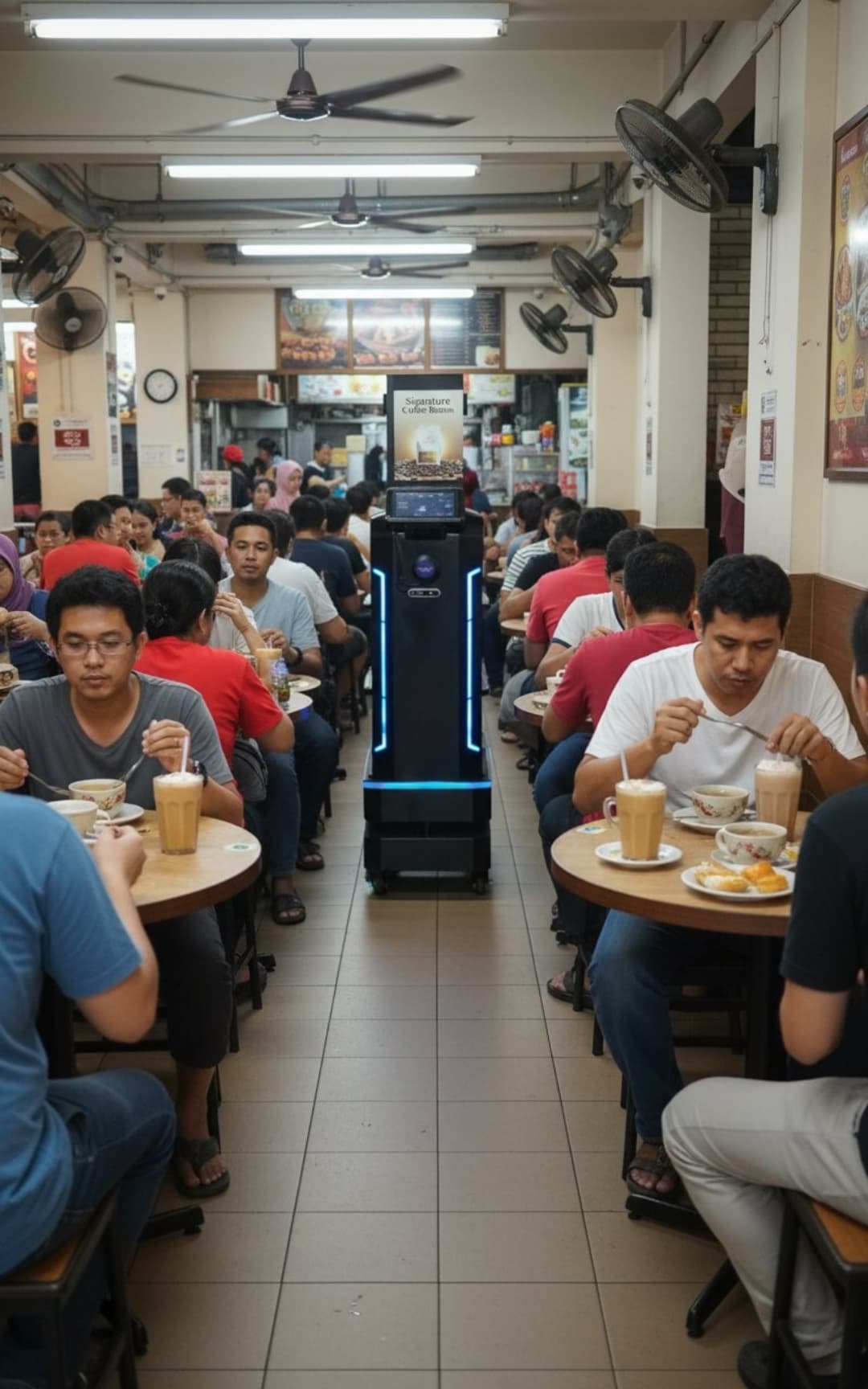 FL1 robot navigating narrow aisle in Malaysian kopitiam