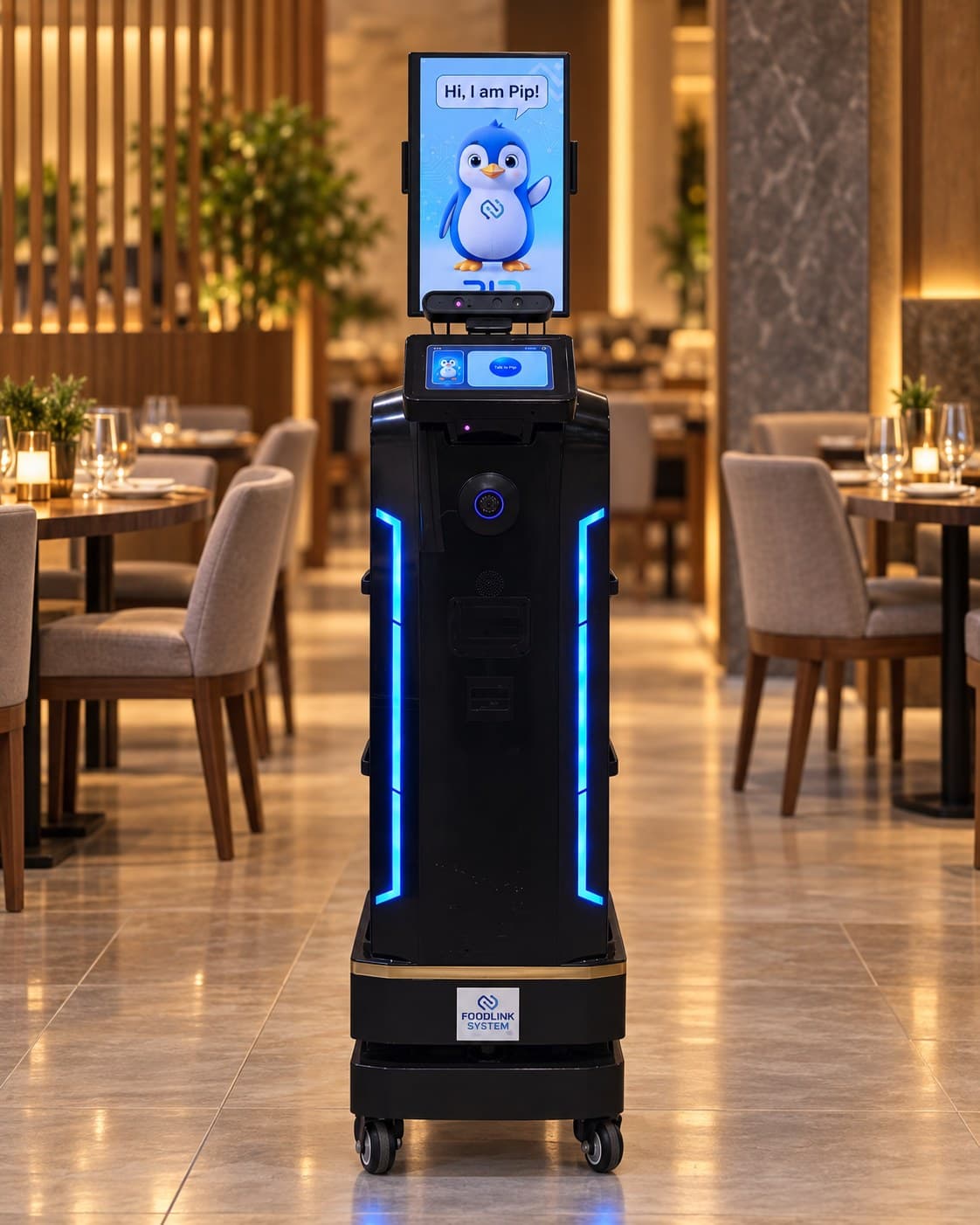The FL1 robot with Pip on its screen, in an illustrated restaurant setting