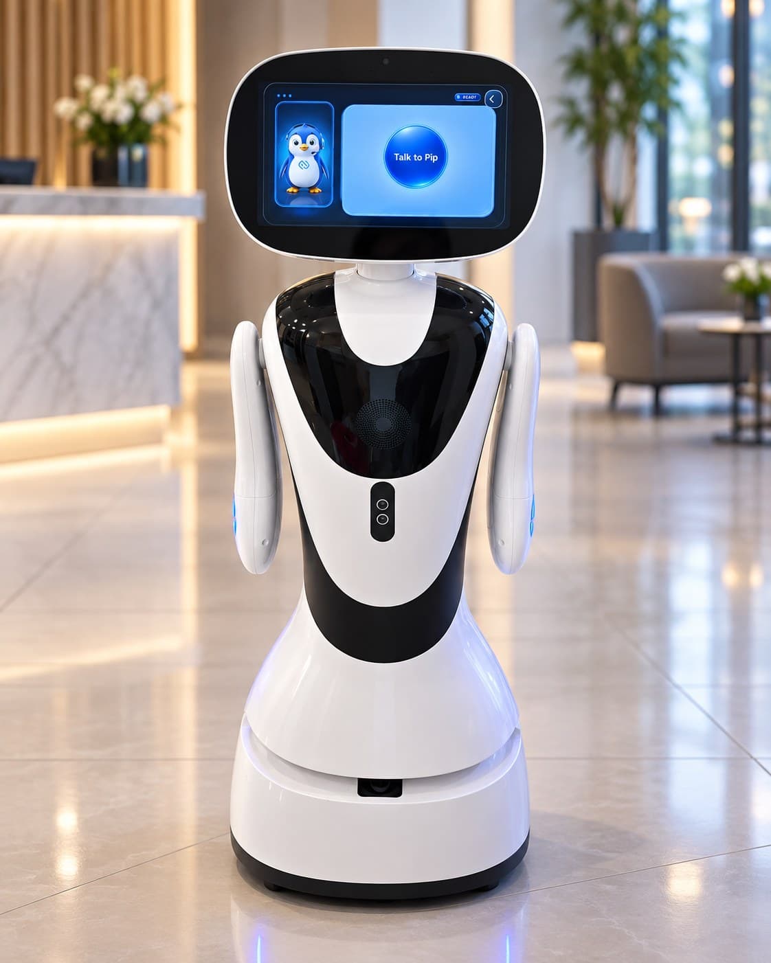 The FL2 robot with Pip on its screen, in an illustrated lobby setting