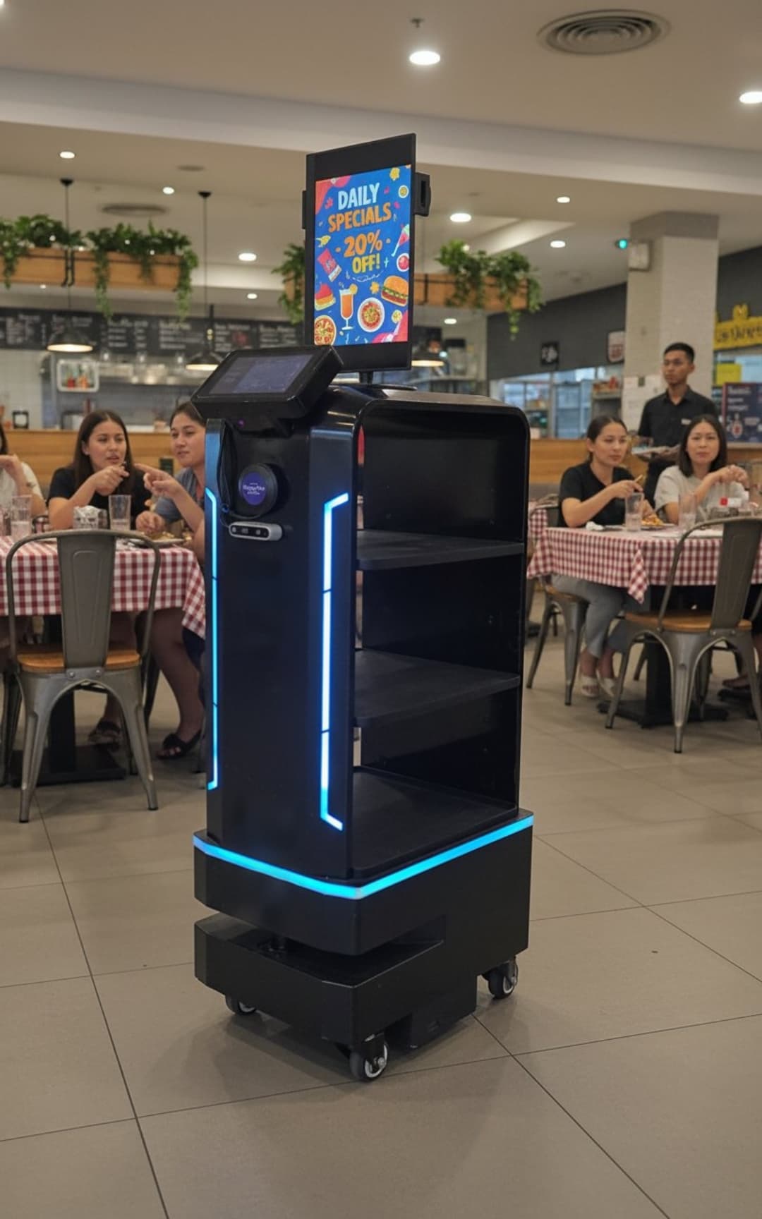 FL1 robot in cruise mode displaying advertisements in restaurant