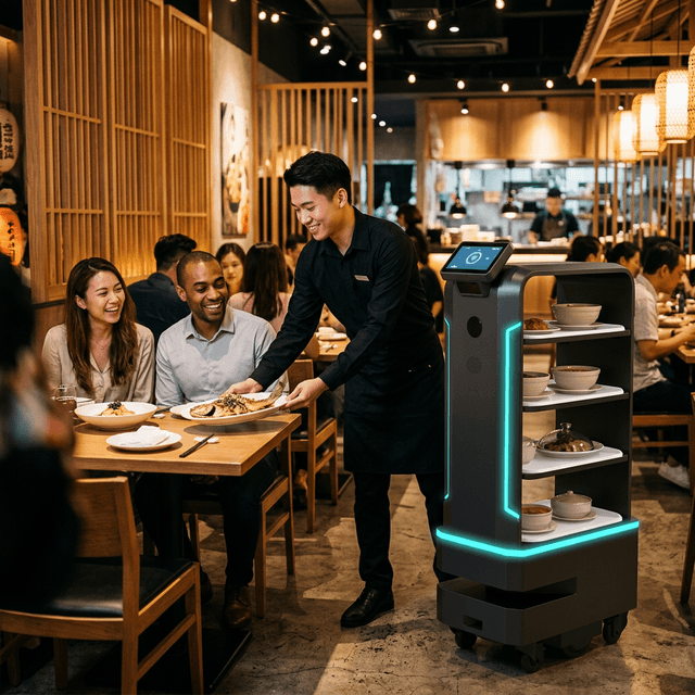 Human and robot working together in restaurant